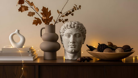 Still showing still life arrangement with beige vases dried leaves and classical bust on shelf. resolution use. Clear details and vibrant colors enhance visual appeal. Still, life, arrangement.の写真素材