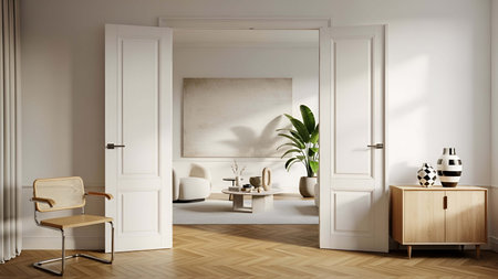 Open double doors showing open white double doors leading to a light neutral living room with wooden...