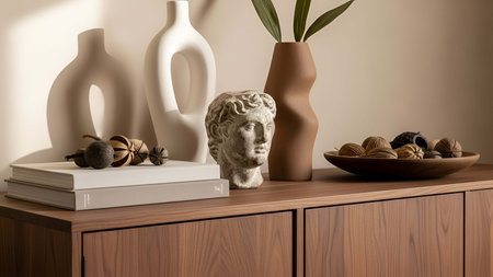 Wooden sideboard showing wooden sideboard with neutral toned vases and classical bust sculpture....