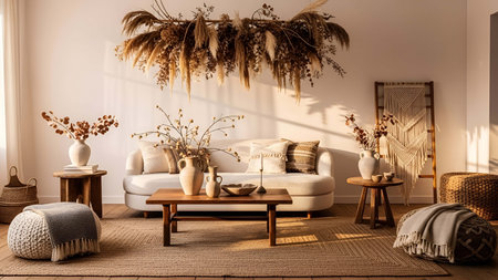 Cozy showing cozy bohemian living room with beige sofa dried plants and woven decor. resolution use....