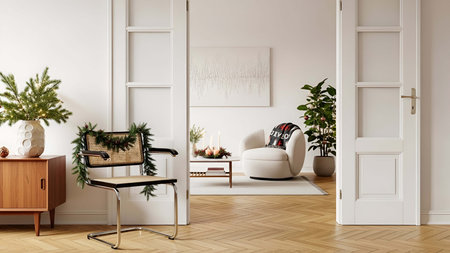Cozy living room interior with white armchair greenery and wooden floor. Clear details and vibrant...