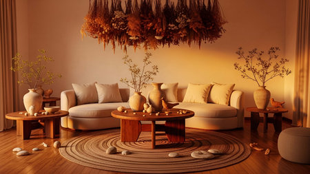 Living room showing cozy living room with beige sofa dried plants and earthy decor on wooden floor. Clear details and vibrant colors enhance visual appeal.の写真素材