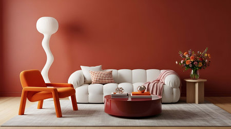 Living room showing cozy living room with white sectional sofa red wall and orange chair. resolution use. Clear details and vibrant colors enhance visual appeal. living room, interior white sectional sofa, orange armchair.の写真素材