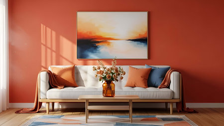 Living room showing cozy living room with white sofa red wall and sunset seascape painting....