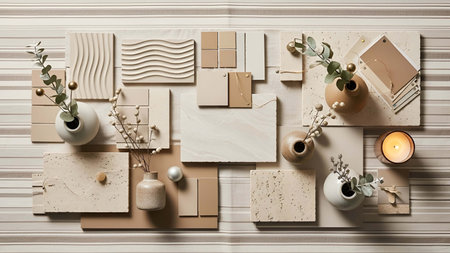 Flat lay showing flat lay arrangement of beige and neutral toned samples and decor. resolution use....
