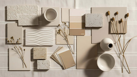 Flat showing flat lay of neutral color samples with ceramic bowls and dried flowers. resolution use. Clear details and vibrant colors enhance visual appeal. Flat, neutral, color.の写真素材