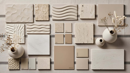 Neutral showing neutral color palette samples with textured tiles and paint swatches. resolution use. Clear details and vibrant colors enhance visual appeal. Neutral, color, palette.の写真素材