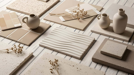 Neutral showing neutral toned samples with ceramic vases and dried flowers on table. resolution use. Clear details and vibrant colors enhance visual appeal. Neutral, toned, samples.の写真素材