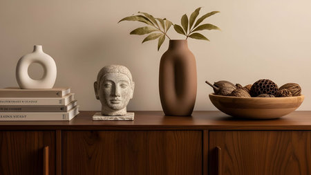 Wooden sideboard showing wooden sideboard with beige vases, stone bust, and dried botanicals. Clear...