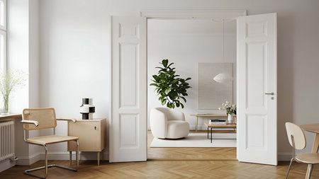 Open double doors showing open double doors to light beige living room with white armchair and fiddle leaf fig. resolution use. Clear details and vibrant colors enhance visual appeal. open double doors, interior doorway, light beige walls.の写真素材