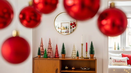 Festive showing festive christmas interior decor with red ornaments and miniature trees 1. resolution use. Clear details and vibrant colors enhance visual appeal. Festive, Christmas, interior.の写真素材