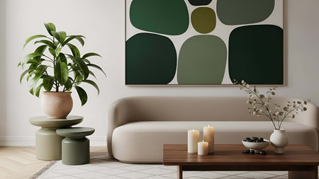 Living room showing beige living room with green abstract wall and potted rubber plant. Clear...