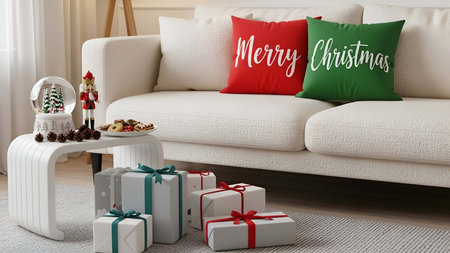 Cozy showing cozy living room with white sofa christmas gifts and holiday decorations. resolution...