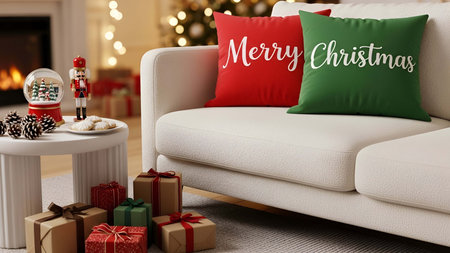 Cozy showing cozy white sofa with merry christmas pillows and wrapped gifts by tree. resolution use....