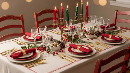 Festive showing festive holiday table setting with red and green candles gold cutlery and pinecones....