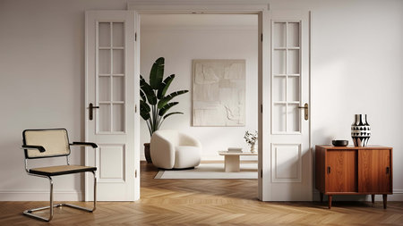 Indoor living room showing light wood floor living room with white doors and mid century furniture....