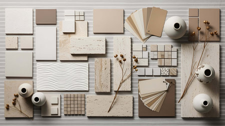 Neutral showing neutral color palette samples with texture swatches and vases. resolution use. Clear...