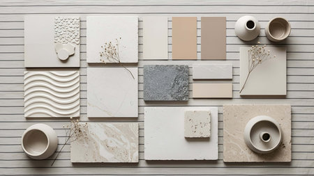 Neutral showing neutral color sample board with ceramic bowls and dried plants. resolution use....