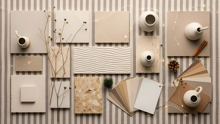Neutral showing neutral color palette samples with ceramic tableware and dried branches. resolution...
