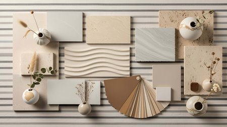Neutral showing neutral color palette samples with decorative vases and fan deck. resolution use....