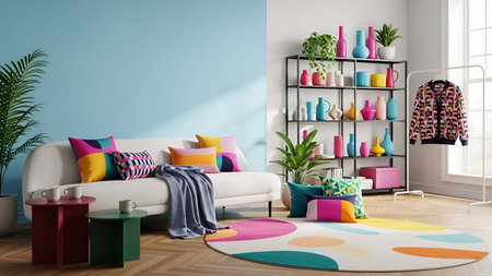 Living room showing bright living room with colorful sofa pillows vases and round rug on wooden floor. resolution use. Clear details and vibrant colors enhance visual appeal. living room, interior colorful sofa, white couch.の写真素材