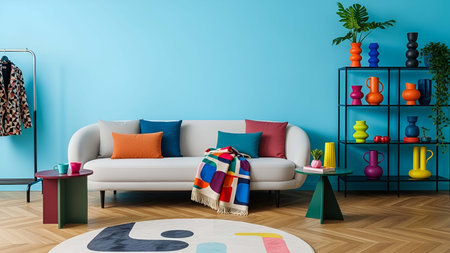 Living room showing bright teal living room with white sofa colorful pillows and decorative vases. Clear details and vibrant colors enhance visual appeal. living room, interior teal wall, white sofa.の写真素材