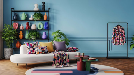 Living room showing cozy blue living room with colorful geometric sofa and decorative vases on...