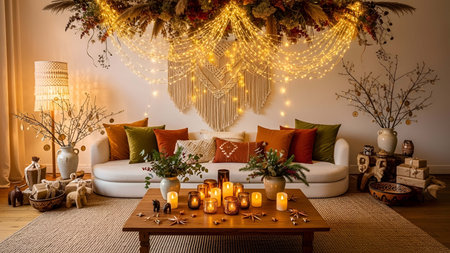 Cozy showing cozy living room with autumn decor fairy lights and white sofa. resolution use. Clear details and vibrant colors enhance visual appeal. Cozy, living, room. various and creative applications.の写真素材