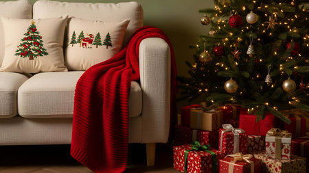 Cozy showing cozy living room with decorated christmas tree and wrapped gifts 2. resolution use. Clear details and vibrant colors enhance visual appeal. Cozy, living, room.の写真素材