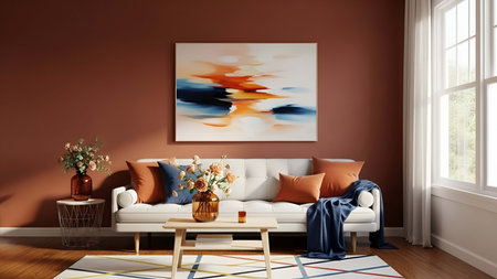 Living room showing cozy living room with white sofa orange blue and brown decor and abstract painting. resolution use. Clear details and vibrant colors enhance visual appeal. living room, interior white sofa, orange throw pillows.の写真素材