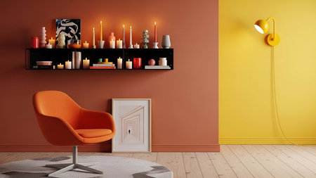 Cozy armchair showing cozy orange armchair in minimalist living room with yellow and terracotta walls. resolution use. Clear details and vibrant colors enhance visual appeal. cozy armchair, orange chair, swivel chair.の写真素材