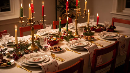 Festive showing festive christmas dinner table setting with candles and holiday decorations....
