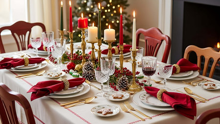 Festive showing festive holiday dinner table setting with red napkins gold cutlery and candles....