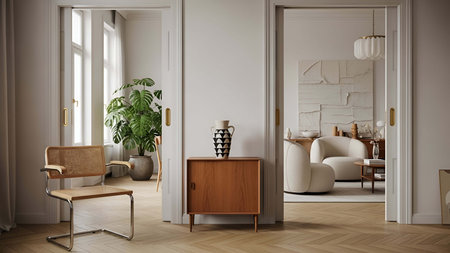 Light showing light beige interior hallway with wooden furniture and potted plant. resolution use....