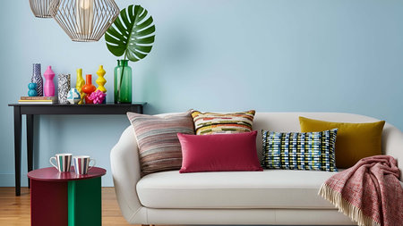 Light showing light blue living room with cream sofa colorful pillows and decorative vases....