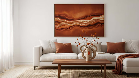 Living room showing neutral living room with brown abstract wave white sofa and dried flowers. Clear details and vibrant colors enhance visual appeal. living room, interior white sofa, sectional couch.の写真素材