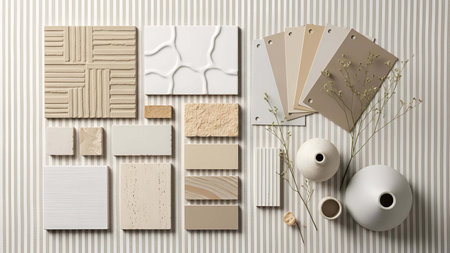 Neutral showing neutral color palette samples with textured tiles and paint swatches. resolution...