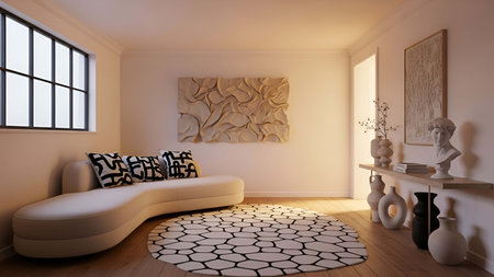 Living room showing minimalist living room with beige curved sofa geometric rug and textured wall....