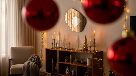 Cozy showing cozy indoor christmas decoration with gold and red ornaments and candle display. resolution use. Clear details and vibrant colors enhance visual appeal. Cozy, indoor, Christmas.の写真素材