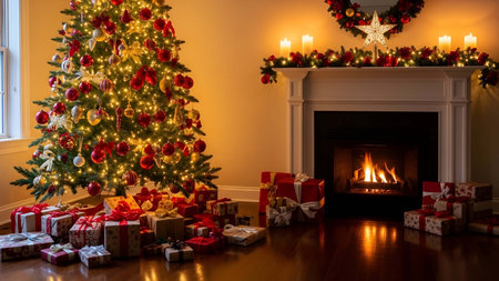 Cozy showing cozy christmas living room with decorated tree and fireplace gifts. resolution use. Clear details and vibrant colors enhance visual appeal. Cozy, Christmas, living.の写真素材