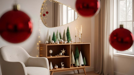 Cozy showing cozy indoor christmas decoration with green trees red baubles and fairy lights. resolution use. Clear details and vibrant colors enhance visual appeal. Cozy, indoor, Christmas.の写真素材