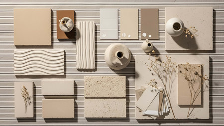 Flat lay showing flat lay of neutral colored texture samples and ceramic decor on striped cloth....