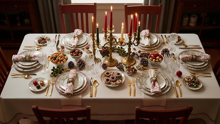 Festive showing festive holiday table setting with white china gold cutlery and candles. resolution...