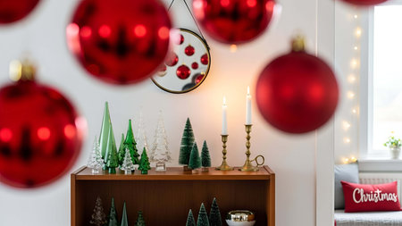 Festive showing festive christmas decoration with red baubles green trees and candles. resolution use. Clear details and vibrant colors enhance visual appeal. Festive, Christmas, decoration.の写真素材