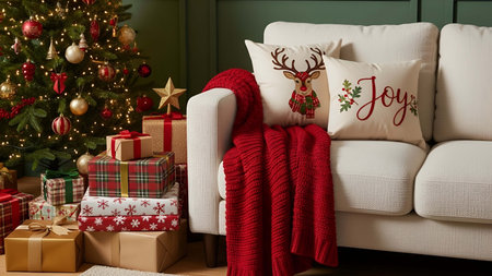 Cozy showing cozy white sofa with red blanket and christmas tree with wrapped gifts. resolution use. Clear details and vibrant colors enhance visual appeal. Cozy, white, sofa.の写真素材