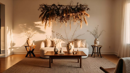 Neutral showing neutral toned living room with dried floral wall hanging and beige furniture....