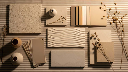 Neutral showing neutral toned texture and samples with ceramic vases and dried grasses. Clear...