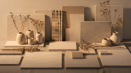 Neutral showing neutral toned ceramic vases and textured samples with dried flowers. resolution use....