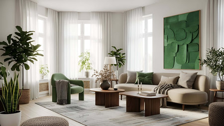 Living room showing bright living room with green armchair beige sofa and large windows with plants....