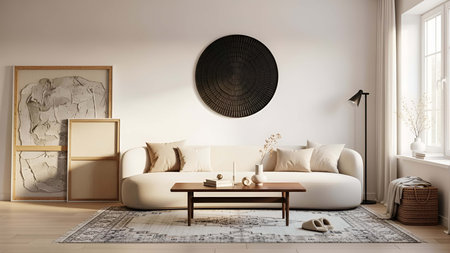 Living room showing cozy beige living room with curved sofa round wall and wooden coffee table....